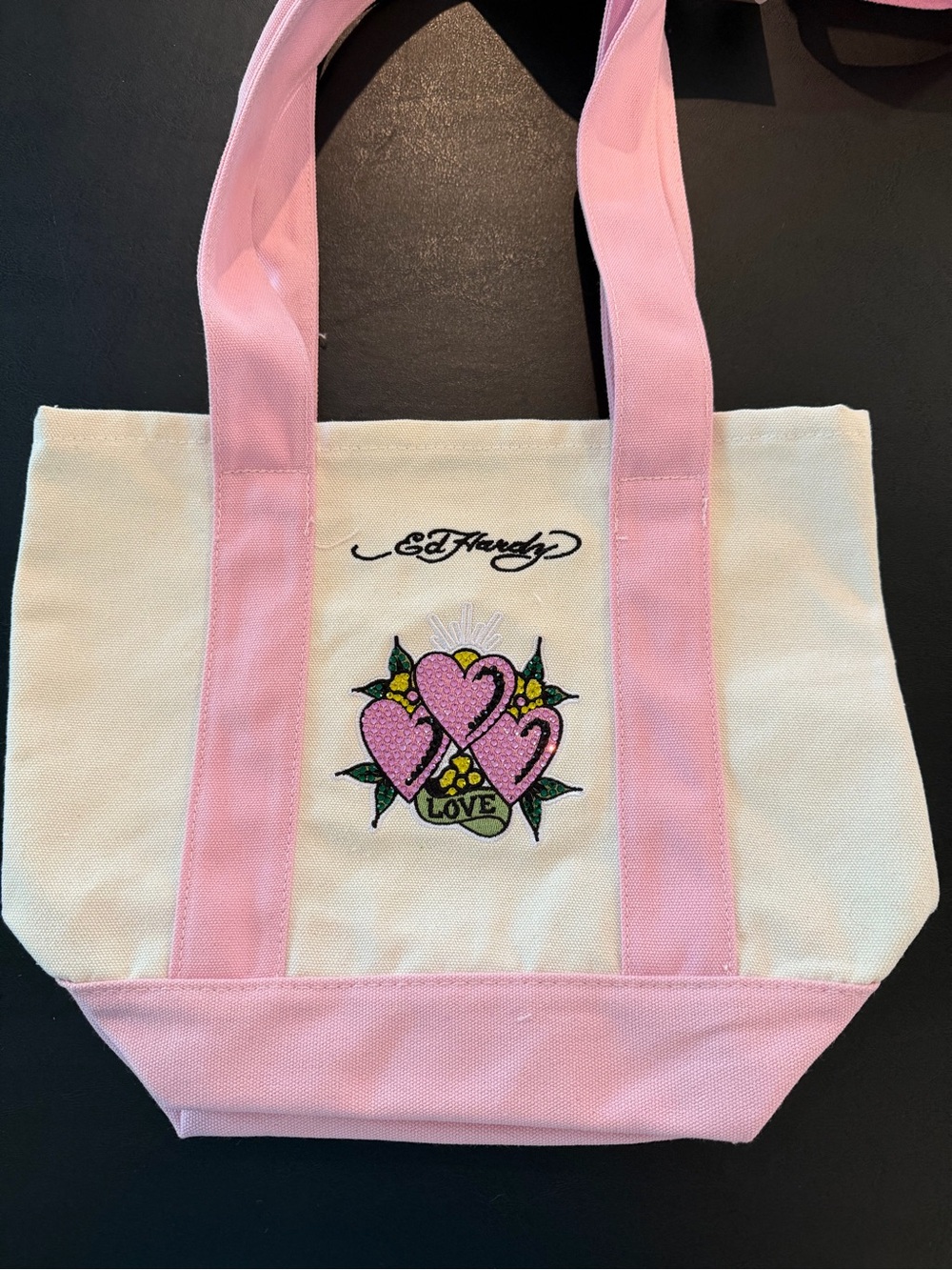 Ed Hardy Pink & Cream Canvas Tote with Heart Embroidery